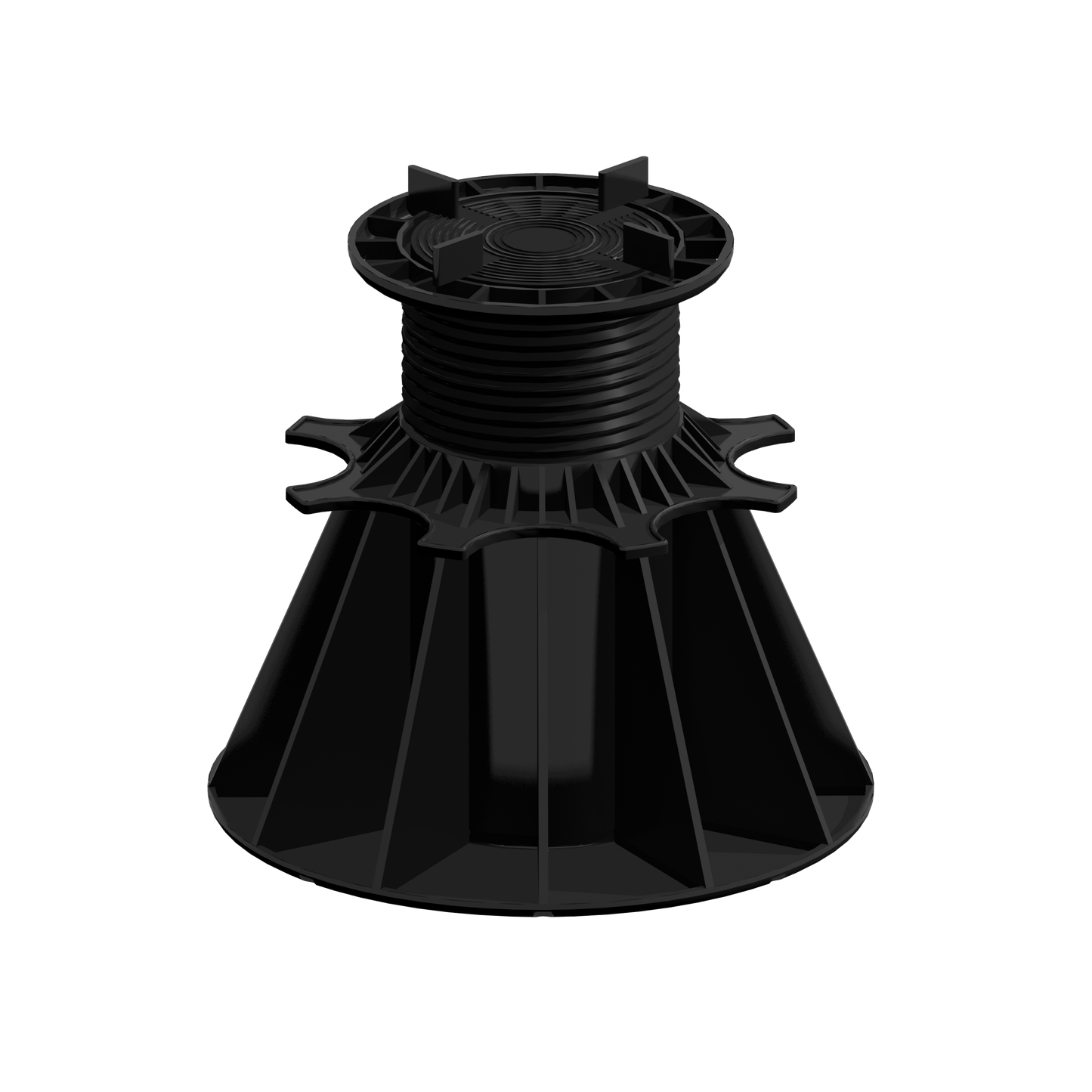 Socle réglable noir pour terrasse, colonne filetée centrale, large base circulaire. Matière plastique. Aucune marque ou référence lisible. Utilisé pour plots de terrasse.