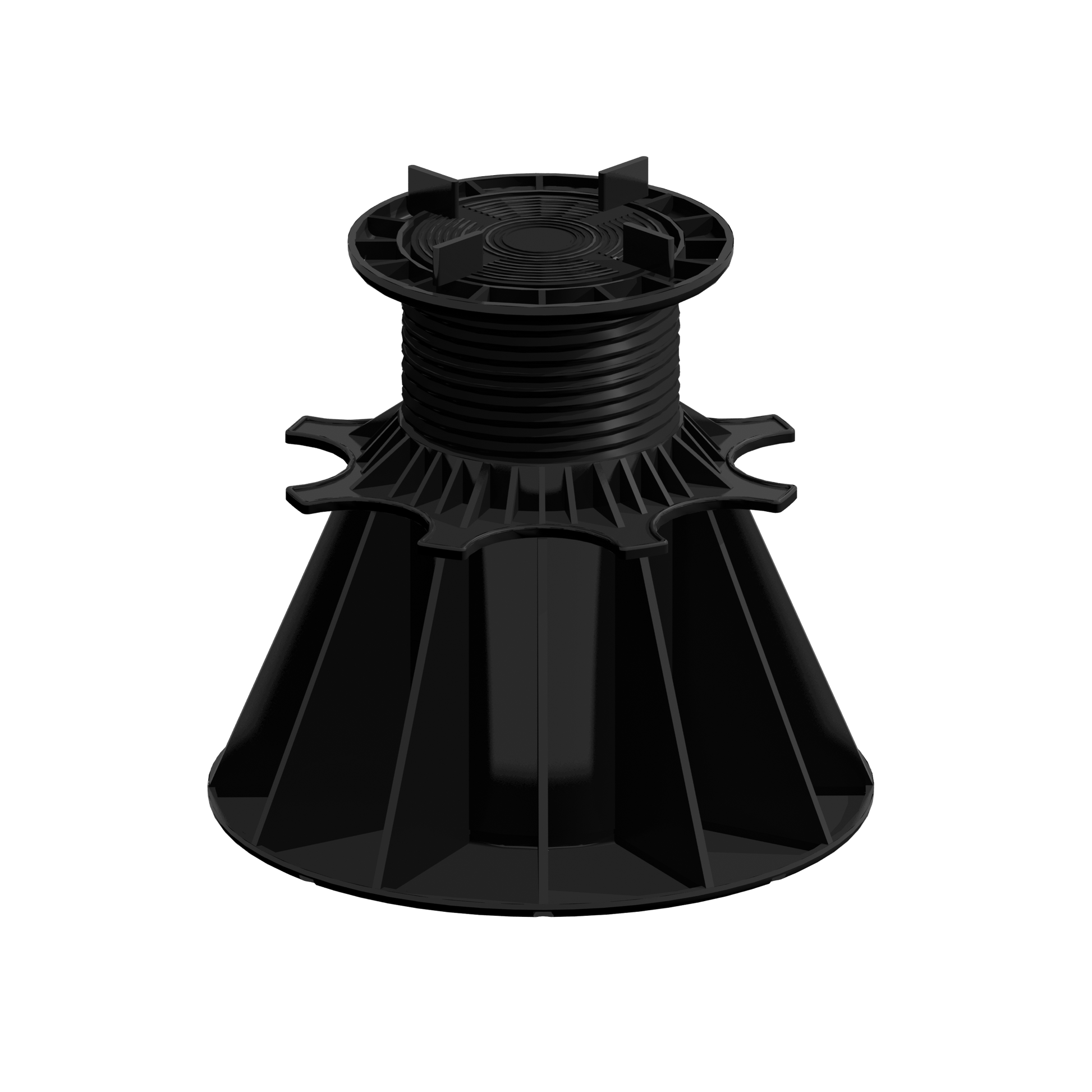 Socle réglable noir pour terrasse, colonne filetée centrale, large base circulaire. Matière plastique. Aucune marque ou référence lisible. Utilisé pour plots de terrasse.