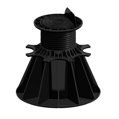 Plot noir réglable pour terrasse, base large et colonne filetée ; matériau plastique, diamètre env. 20 cm, usage construction extérieure. Référence non lisible.