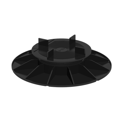 Plot réglable en plastique noir, base circulaire large, quatre ergots verticaux dessus ; compatible planchers surélevés. Aucun marquage apparent.