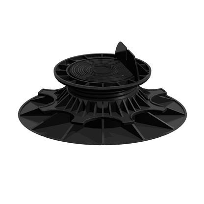 Socle réglable noir, base circulaire large, filetage central visible ; matière plastique ; modèle pour support de terrasse ou plancher. Aucune référence lisible.