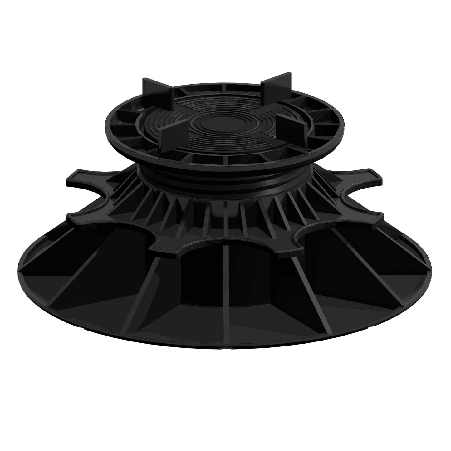 Plot réglable en plastique noir, base large et nervurée, destiné au support de planchers surélevés ou terrasses ; référence/standard non visible.