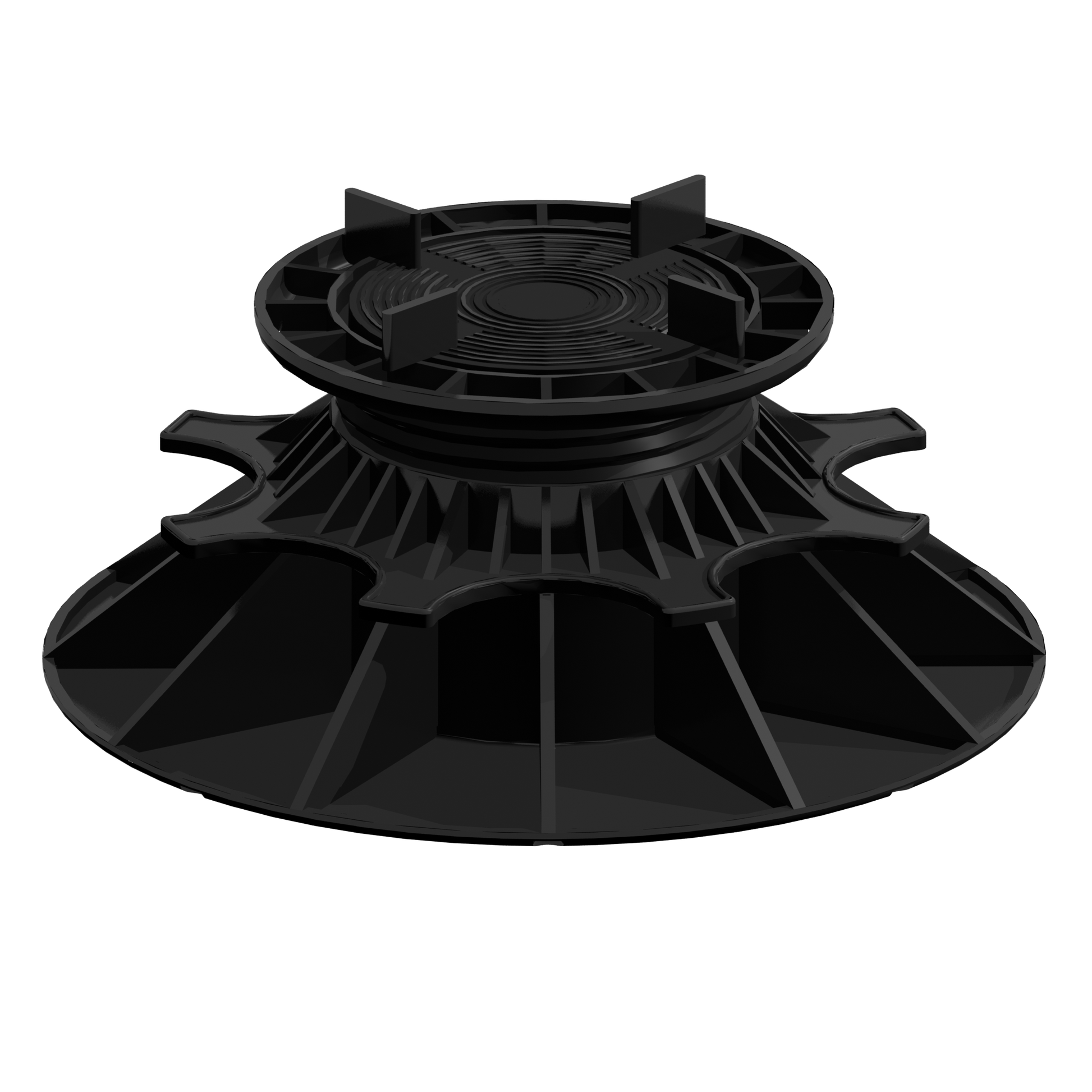 Plot réglable en plastique noir, base large et nervurée, destiné au support de planchers surélevés ou terrasses ; référence/standard non visible.