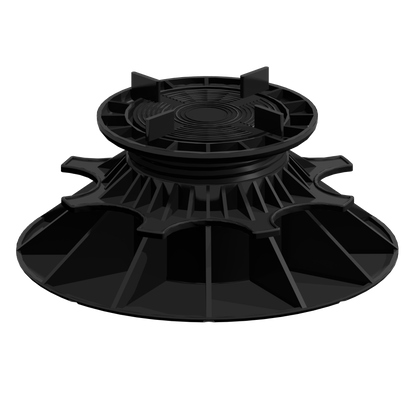 Plot réglable en plastique noir, base large et nervurée, destiné au support de planchers surélevés ou terrasses ; référence/standard non visible.