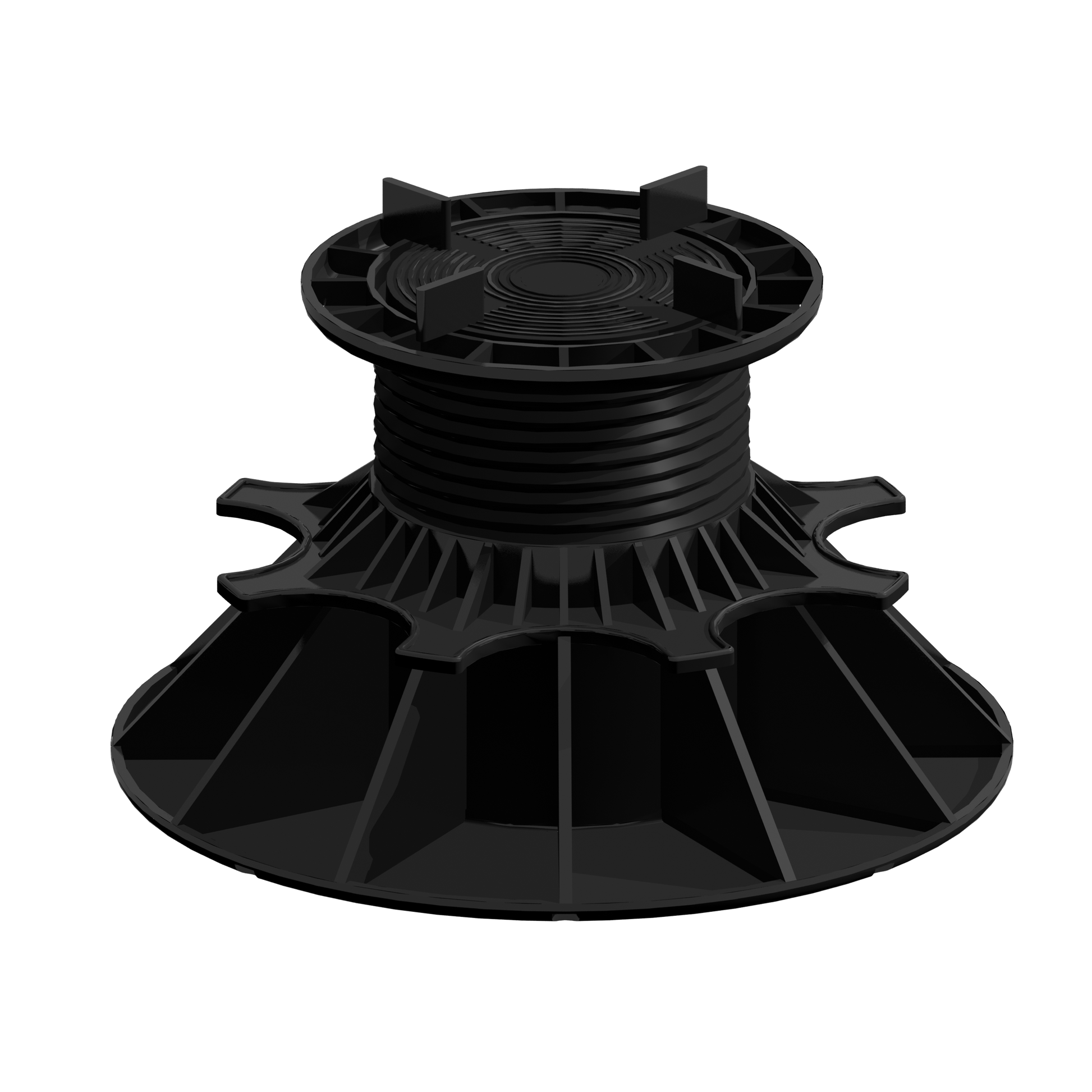 Plot réglable en plastique noir, large base, colonne filetée centrale, pour support de terrasse ou plancher. Diamètre et référence non lisibles.