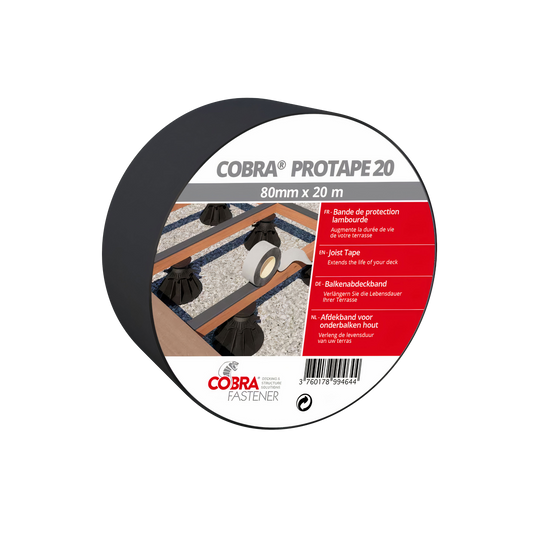 COBRA ProTape 20, rouleau adhésif 80mm x 20m, sur son emballage ; référence visible, fond avec schéma de lambourdes.